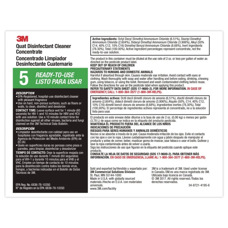 3M Quat Disinfectant Cleaner Concentrate Pleasant Scent 0.5 Gal Bottle 4/carton