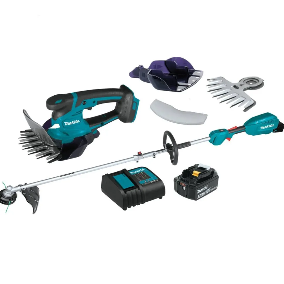Makita 18V LXT Cordless Couple Shaft Power Head with 13 in. String Trimmer Attachment and 6‑5/16 in. Cordless Grass Shear Bundle