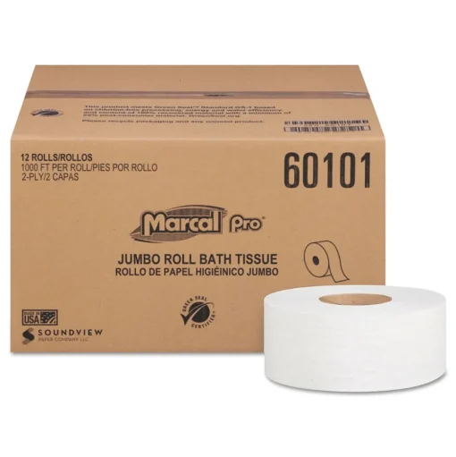 Marcal PRO 2 Ply 3.3 in. x 1000 ft. Septic Safe 100% Recycled Bathroom Tissues - White (12/Carton)