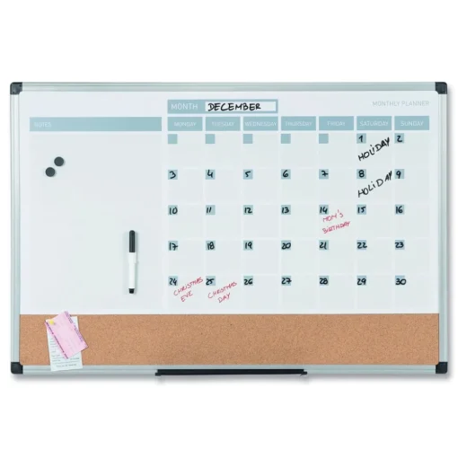 MasterVision 24 in. x 18 in. 3-in-1 Monthly Planning/Scheduling Calendar Planner Board - Tan/White/Blue Surface/Satin Aluminum Frame