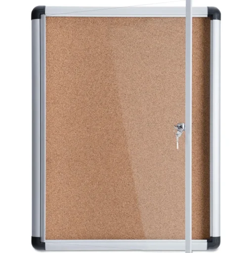 MasterVision 28 in. x 38 in. Slim-Line Enclosed Cork Bulletin Board with One Door - Tan Surface/Satin Aluminum Frame