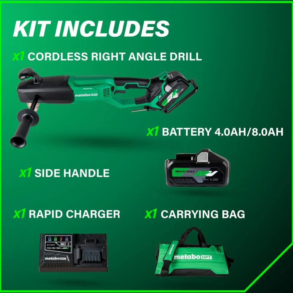 Metabo HPT 36V MultiVolt Lithium-Ion Brushless 1/2 in. Cordless High Power Right Angle Drill Kit (4 Ah/8 Ah)