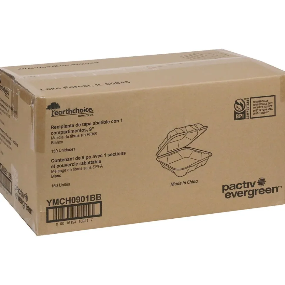 Pactiv Corp. 9 in. x 9 in. x 3 in. Sugarcane EarthChoice PFAS Free Compostable Hinged Lid Container - White (150/Carton)