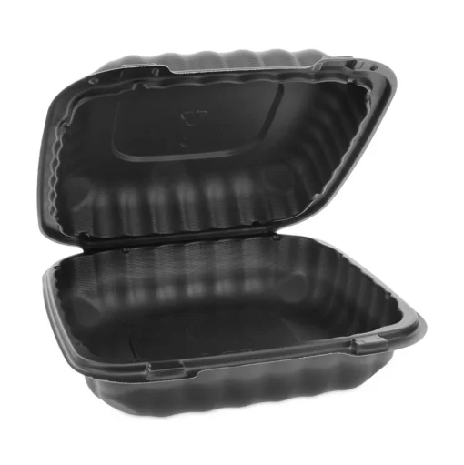 Pactiv Corp. 8.31 in. x 8.35 in. x 3.1 in. EarthChoice SmartLock Microwavable MFPP Plastic Hinged Lid Container - Black (200/Carton)
