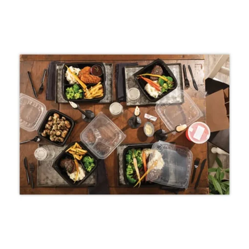 Pactiv Corp. 33 oz. 8-1/2 in. x 8-1/5 in. x 3 in. 3-Compartment EarthChoice Vented Dual Color Microwavable Hinged Lid Container - Black/Clear (150/Carton)
