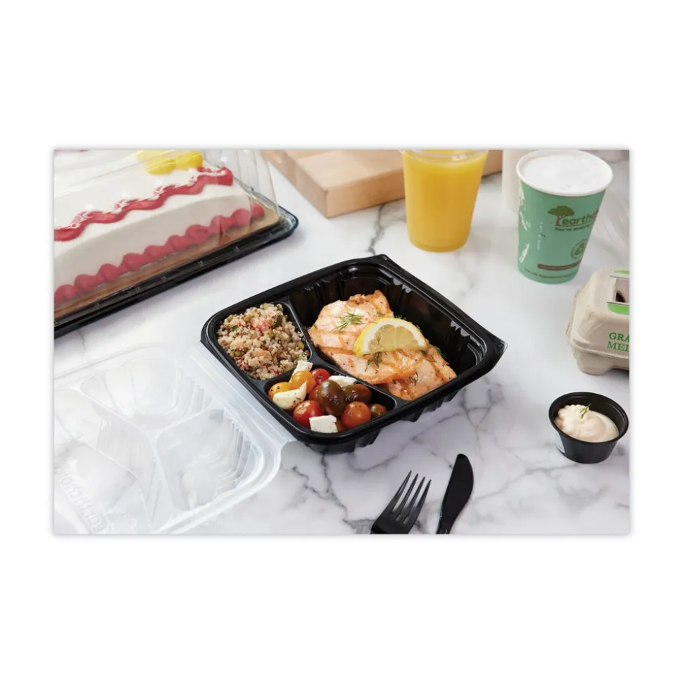 Pactiv Corp. 33 oz. 8-1/2 in. x 8-1/5 in. x 3 in. 3-Compartment EarthChoice Vented Dual Color Microwavable Hinged Lid Container - Black/Clear (150/Carton)