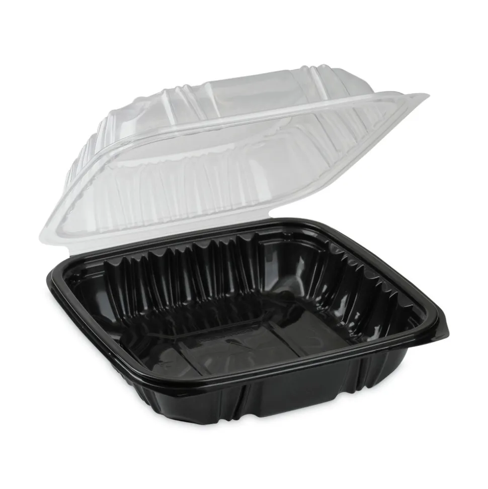 Pactiv Corp. 28 oz 7.5 x 7.5 x 3 EarthChoice Vented Dual Color Microwavable Plastic Hinged Lid Container - Black/Clear (150/Carton)