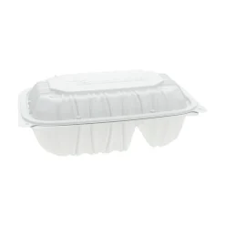 Pactiv Corp. 2-Compartment 9 x 6 x 3.1 EarthChoice Vented Microwavable MFPP Plastic Hinged Lid Container - White (170/Carton)
