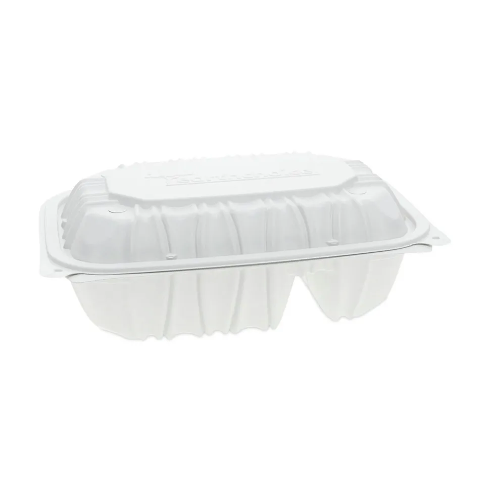 Pactiv Corp. 2-Compartment 9 x 6 x 3.1 EarthChoice Vented Microwavable MFPP Plastic Hinged Lid Container - White (170/Carton)