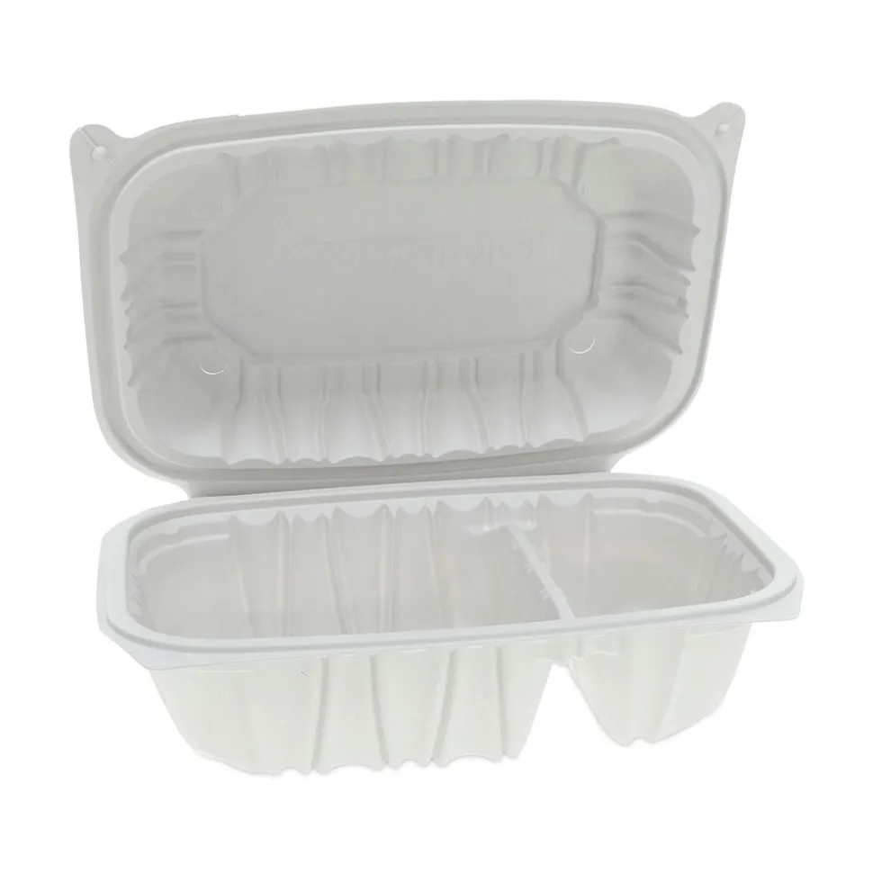 Pactiv Corp. 2-Compartment 9 x 6 x 3.1 EarthChoice Vented Microwavable MFPP Plastic Hinged Lid Container - White (170/Carton)
