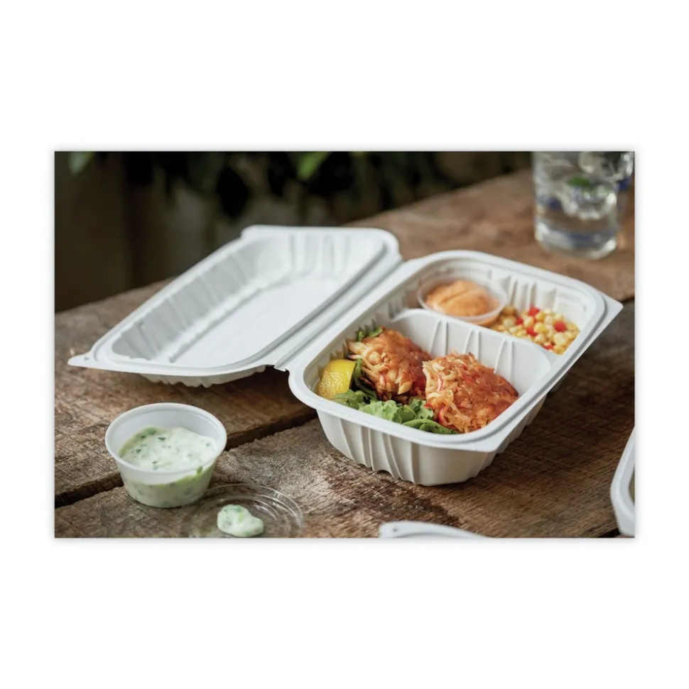 Pactiv Corp. 2-Compartment 9 x 6 x 3.1 EarthChoice Vented Microwavable MFPP Plastic Hinged Lid Container - White (170/Carton)