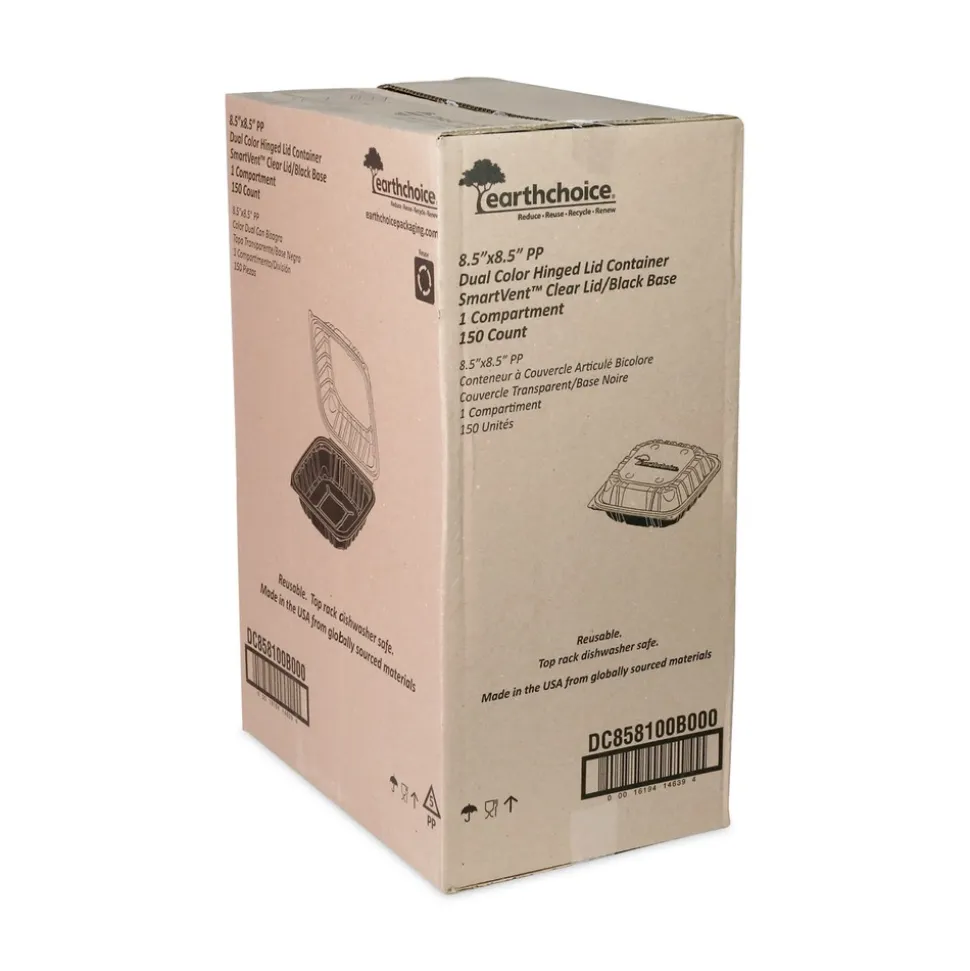 Pactiv Corp. DC858100B000 38 oz 8.5 x 8.5 x 3 EarthChoice Vented Dual Color Microwavable Plastic Hinged Lid Container - Black/Clear (150/Carton)