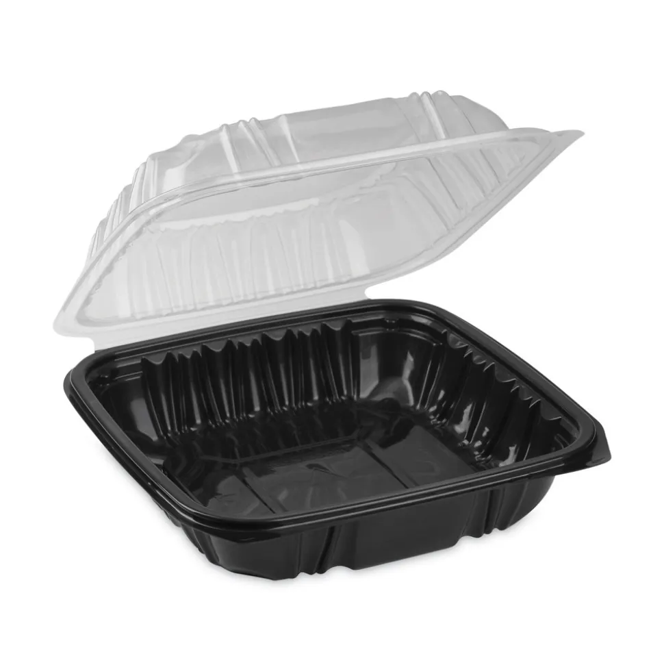 Pactiv Corp. DC858100B000 38 oz 8.5 x 8.5 x 3 EarthChoice Vented Dual Color Microwavable Plastic Hinged Lid Container - Black/Clear (150/Carton)