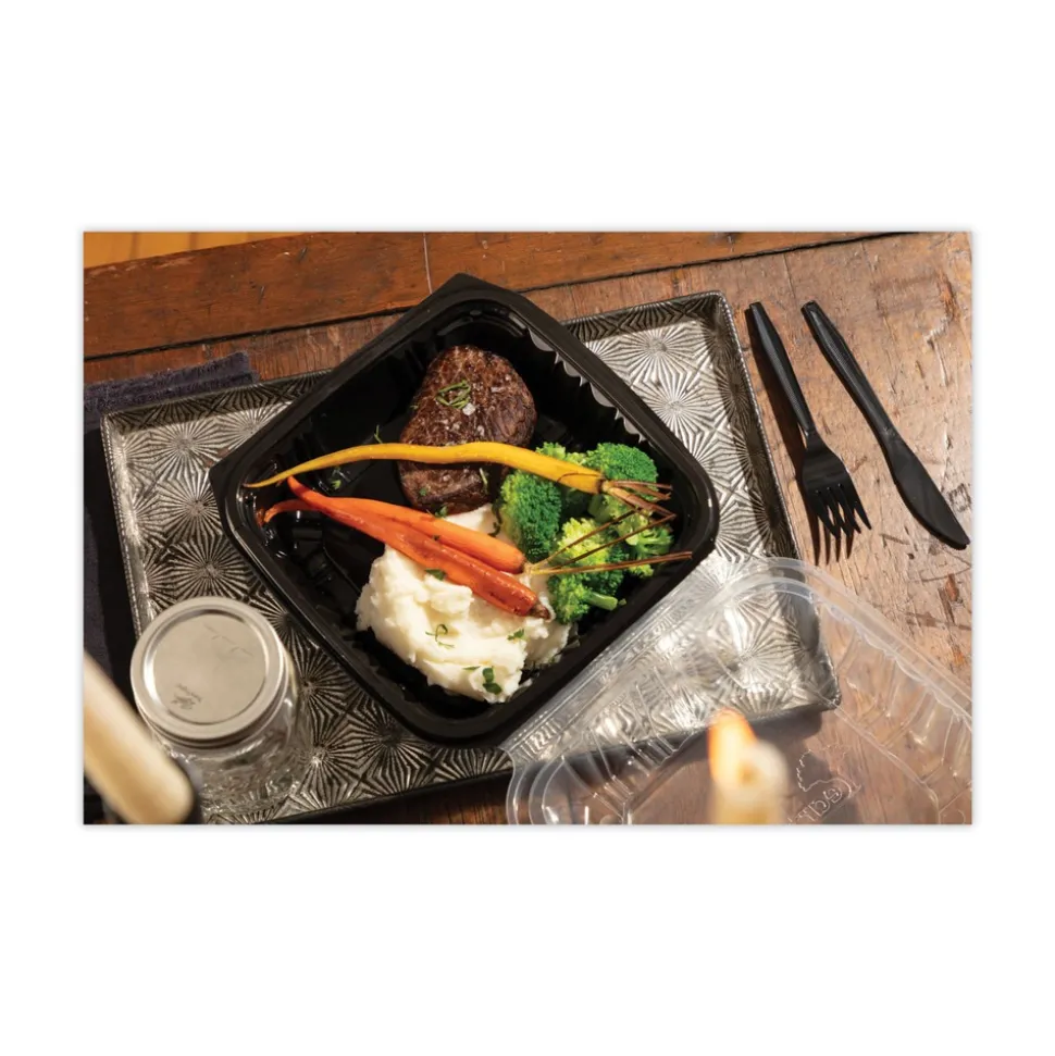Pactiv Corp. DC858100B000 38 oz 8.5 x 8.5 x 3 EarthChoice Vented Dual Color Microwavable Plastic Hinged Lid Container - Black/Clear (150/Carton)