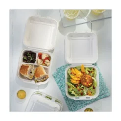 Pactiv Corp. EarthChoice 7.8 in. x 7.8 in. x 2.8 in. Bagasse Hinged Lid 3-Compartment Container with Dual Tab Lock - Natural (150/Carton)