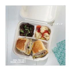 Pactiv Corp. EarthChoice 7.8 in. x 7.8 in. x 2.8 in. Bagasse Hinged Lid 3-Compartment Container with Dual Tab Lock - Natural (150/Carton)