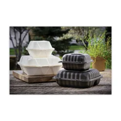 Pactiv Corp. EarthChoice 7.8 in. x 7.8 in. x 2.8 in. Bagasse Hinged Lid 3-Compartment Container with Dual Tab Lock - Natural (150/Carton)