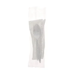 Pactiv Corp. Individually Wrapped Mediumweight Plastic Fieldware Cutlery Fork/Knife/Napkin/Spoon Kit - White (250/Carton)