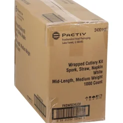 Pactiv Corp. Mediumweight Plastic Fieldware Cutlery Napkin/Spork/Straw Kit - White (1000/Carton)