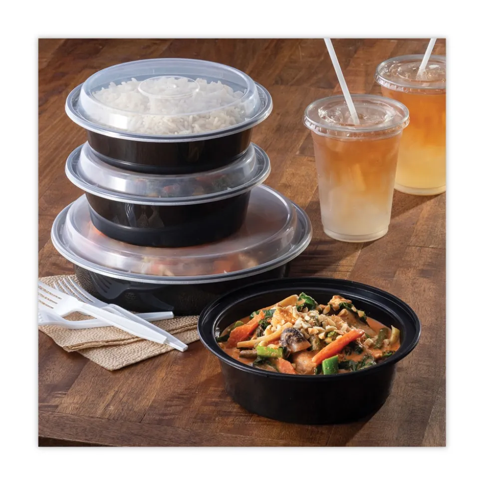 Pactiv Corp. NC729B 32 oz 7 in. Diameter x 2 in. h Newspring VERSAtainer Plastic Microwavable Containers - Black/Clear (150/Carton)