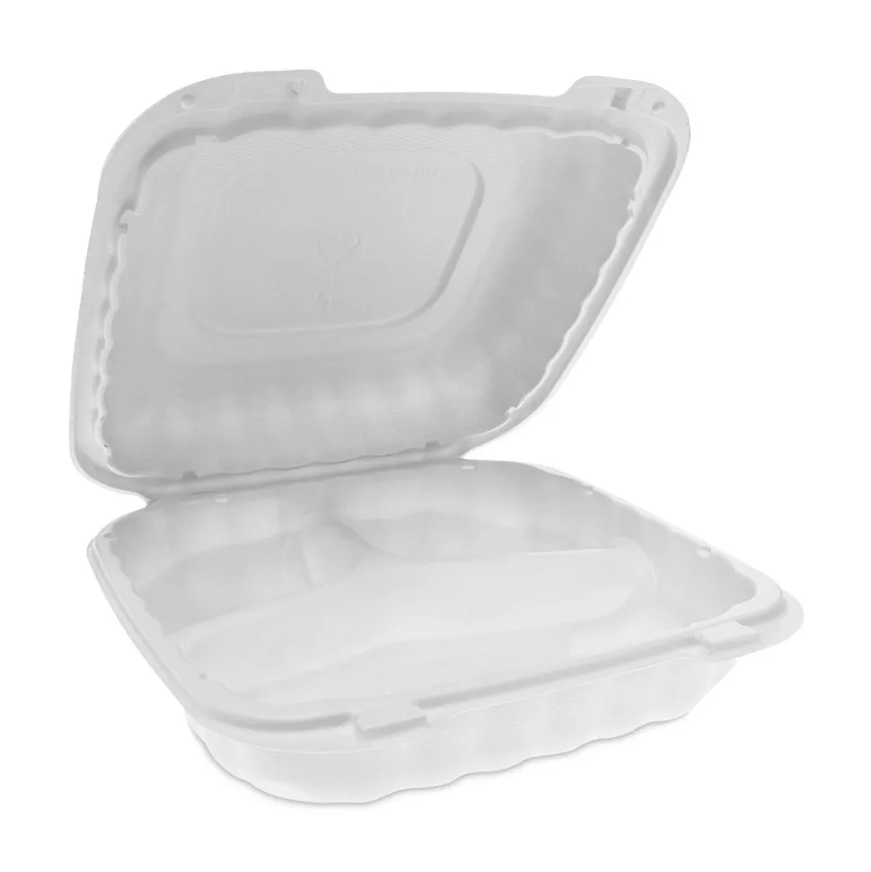 Pactiv Corp. YCN808030000 EarthChoice SmartLock 8.31 in. x 8.35 in. x 3.1 in. Microwaveable MFPP 3-Compartment Hinged Lid Containers - White (200/Carton)