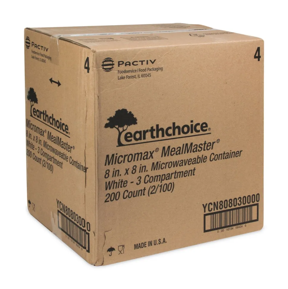Pactiv Corp. YCN808030000 EarthChoice SmartLock 8.31 in. x 8.35 in. x 3.1 in. Microwaveable MFPP 3-Compartment Hinged Lid Containers - White (200/Carton)