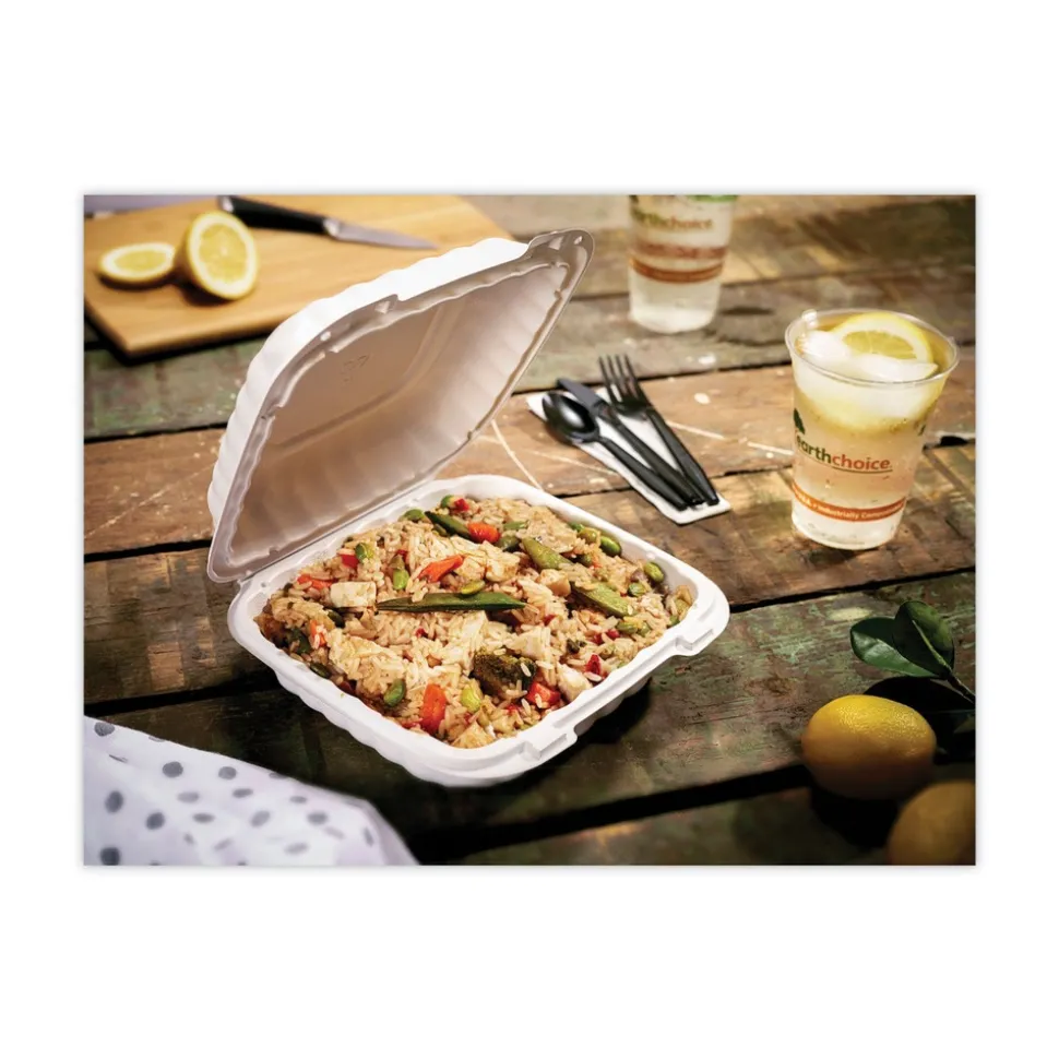 Pactiv Corp. YCN808030000 EarthChoice SmartLock 8.31 in. x 8.35 in. x 3.1 in. Microwaveable MFPP 3-Compartment Hinged Lid Containers - White (200/Carton)