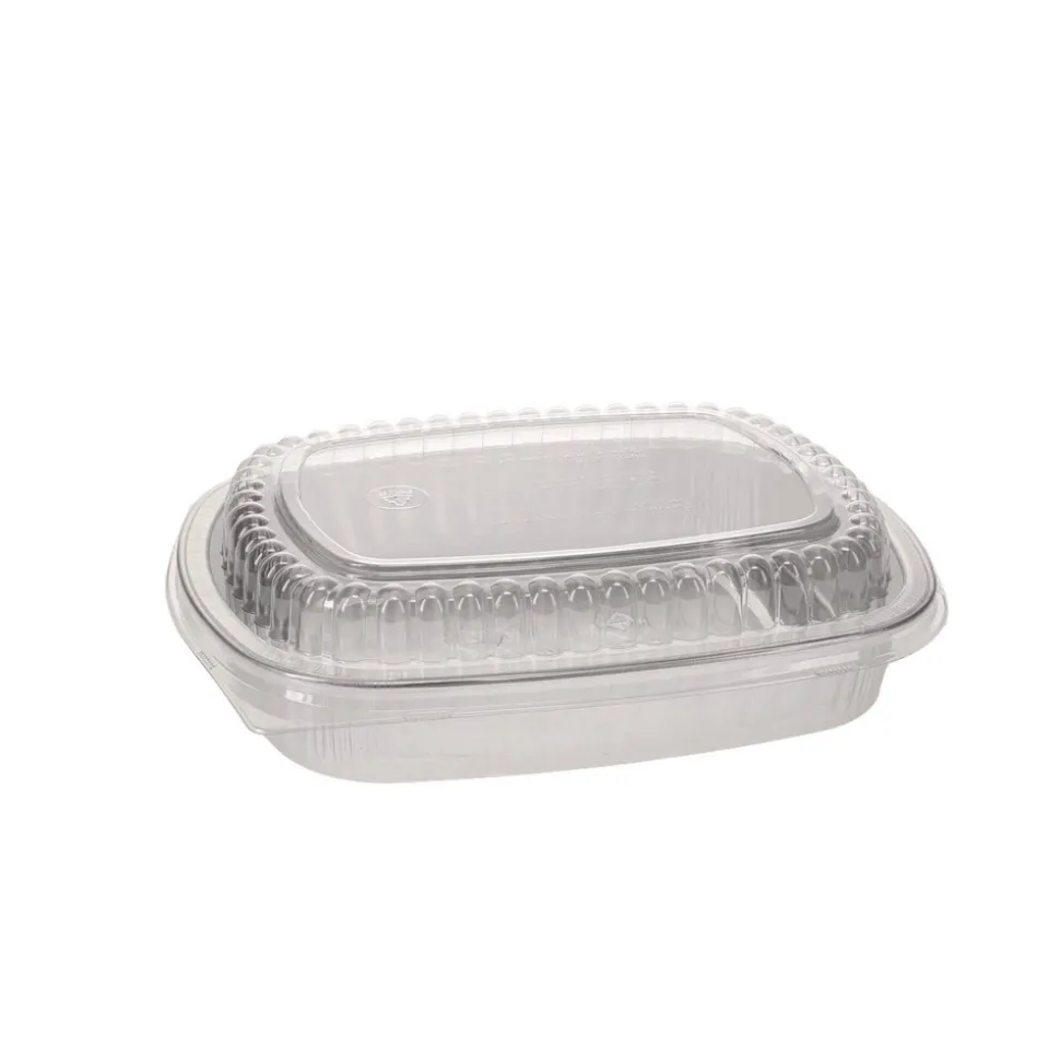 Pactiv Corp. Y6710PET 9.8 in. x 7.8 in. x 1.3 in. 46 oz. Classic Carry-Out Aluminum Container with PET Dome Lid - Silver/Clear (50/Carton)