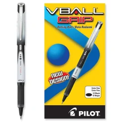 Pilot VBall Grip Liquid Ink Extra-Fine 0.5 mm Rollerball Pen - Black Ink/Black/White Barrel (1-Dozen)