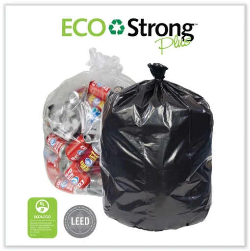 Pitt Plastics 40 Gallon 1.35 mil 40 in. x 46 in. Perforated Roll Eco Strong Plus Can Liners - Black (100/Carton)