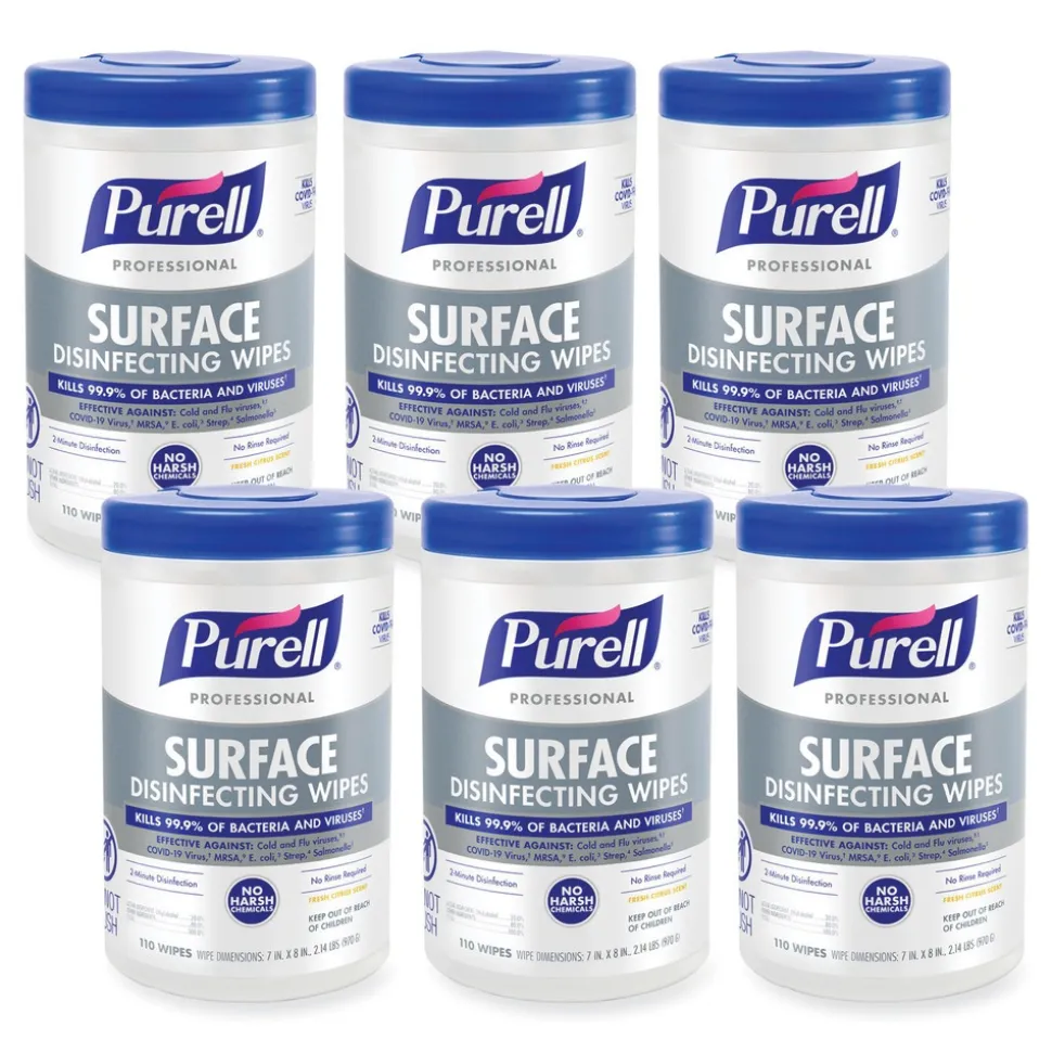 PURELL 1-Ply 7 in. x 8 in. Fresh Citrus Professional Surface Disinfecting Wipes - White (6 Canisters/Carton)