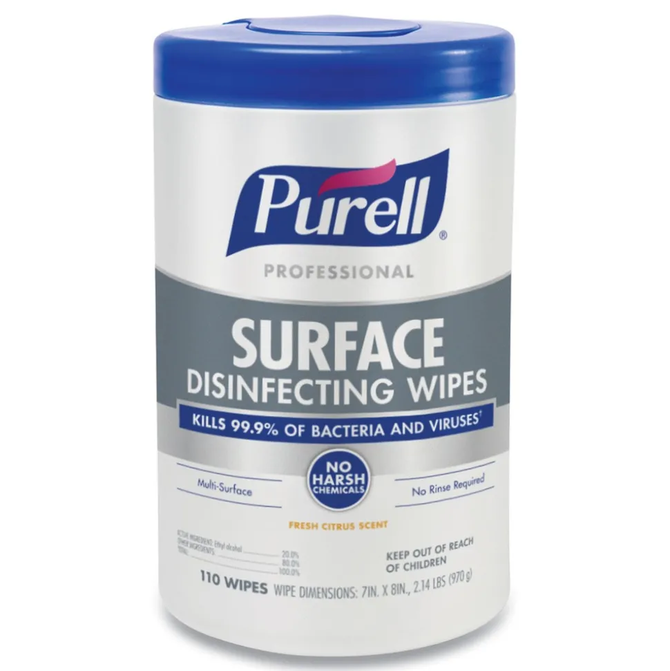 PURELL 1-Ply 7 in. x 8 in. Fresh Citrus Professional Surface Disinfecting Wipes - White (6 Canisters/Carton)