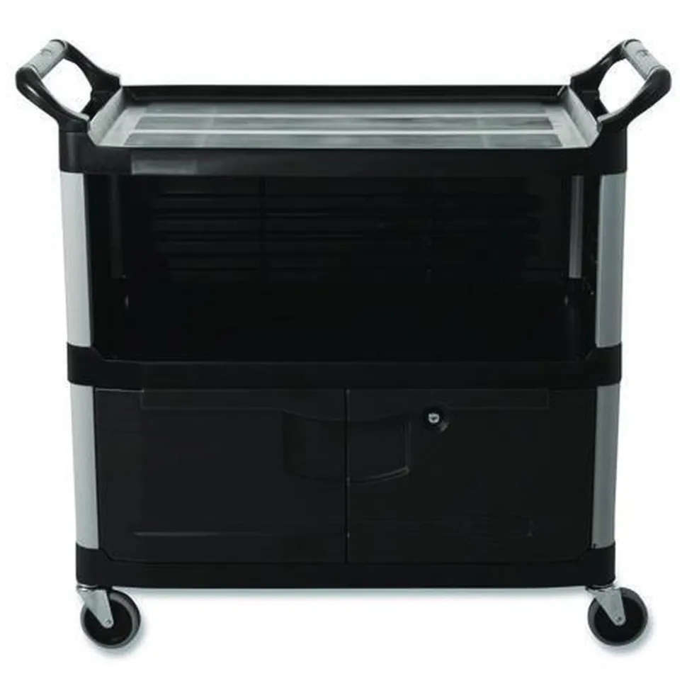 Rubbermaid Commercial 40.63 in. x 20.75 in. x 37.81 in. 300 lbs. Capacity 3 Shelves Plastic Xtra Equipment Cart - Black
