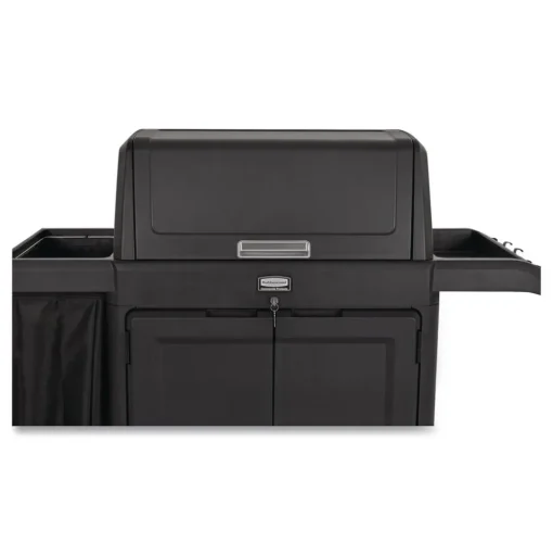 Rubbermaid Commercial 24.4 in. x 62.4 in. x 56.9 in. 4-Shelf Housekeeping Cart with Hood and Doors - Black