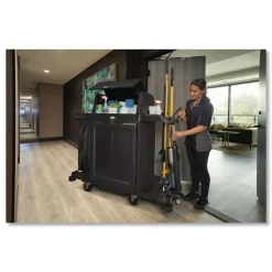 Rubbermaid Commercial 24.4 in. x 62.4 in. x 56.9 in. 4-Shelf Housekeeping Cart with Hood and Doors - Black