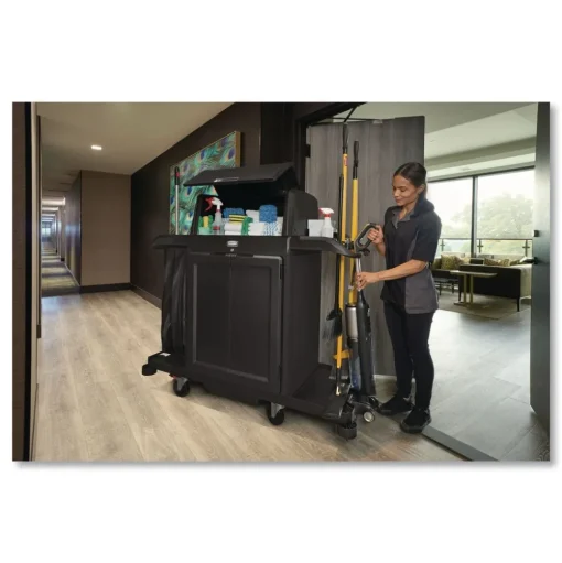 Rubbermaid Commercial 24.4 in. x 62.4 in. x 56.9 in. 4-Shelf Housekeeping Cart with Hood and Doors - Black