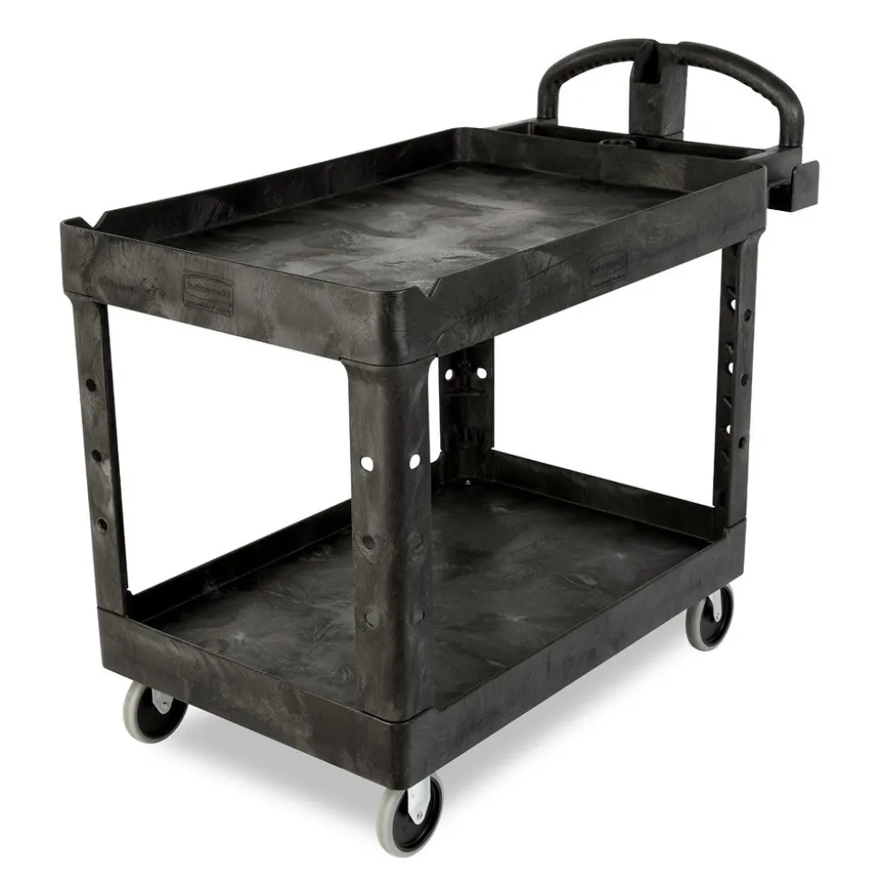 Rubbermaid Commercial 25.9 in. x 45.2 in. x 32.2 in. 500 lbs. Capacity 2 Lipped Shelves Heavy-Duty Plastic Utility Cart - Black