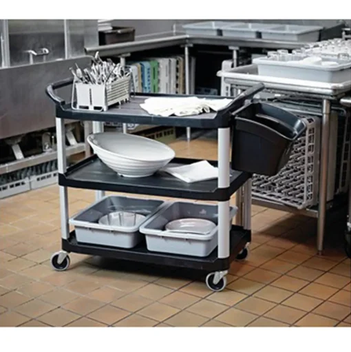 Rubbermaid Commercial 40.63 in. x 20 in. x 37.81 in. 300 lbs. Capacity 3 Shelves Plastic Xtra Utility Cart with Open Sides - Black