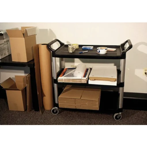 Rubbermaid Commercial 40.63 in. x 20 in. x 37.81 in. 300 lbs. Capacity 3 Shelves Plastic Xtra Utility Cart with Open Sides - Black
