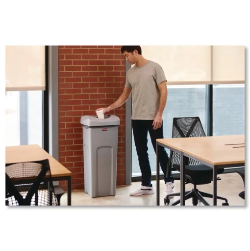 Rubbermaid Commercial Universal Square Trash Can with Swing Lid 23 gal Plastic Gray