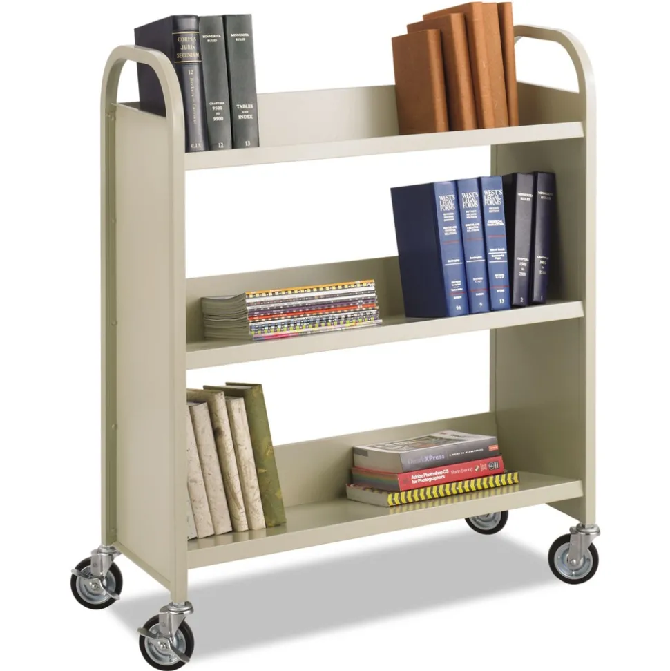 Safco 36 in. x 18.5 in. x 43.5 in. 300 lbs. Capacity 3 Shelves Metal Steel Double-Sided Book Cart - Sand