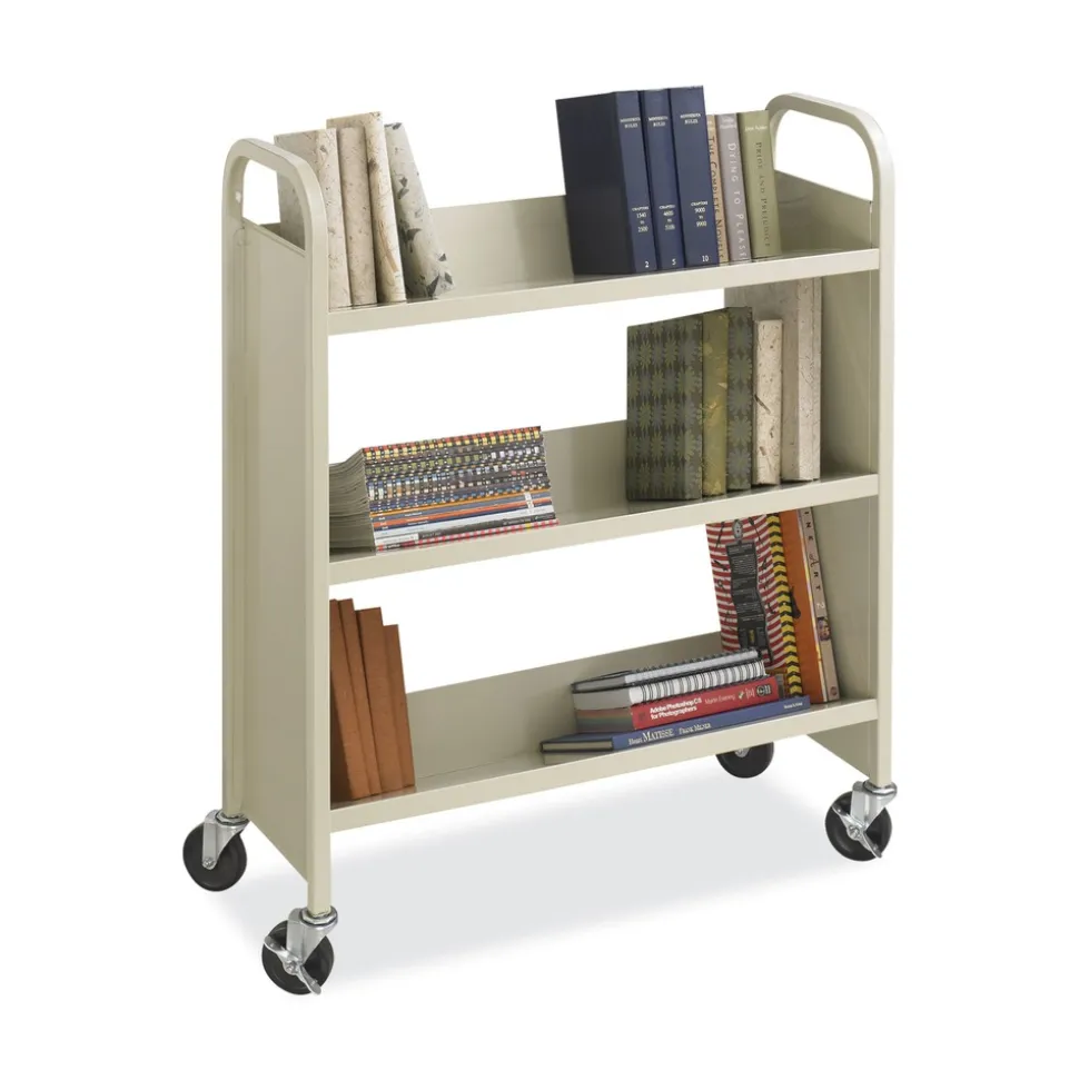 Safco 36 in. x 18.5 in. x 43.5 in. 300 lbs. Capacity 3 Shelves Metal Steel Double-Sided Book Cart - Sand