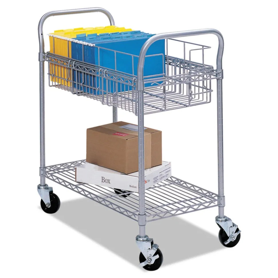 Safco 26.75 in. x 18.75 in. x 38.5 in. 1 Shelf 1 Bin Dual-Purpose Wire Mail and Filing Cart - Metallic Gray
