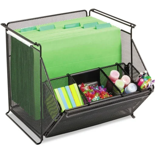 Safco 14 x 15.5 x 11.75 Onyx Stackable Steel Mesh 4-Compartment Storage Bin - Black
