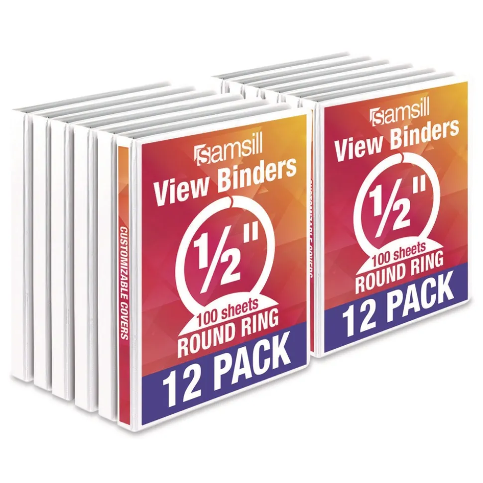 Samsill 11 in. x 8.5 in. 0.5 in. Capacity 3 Rings Economy Round Ring View Binder - White (12/Carton)