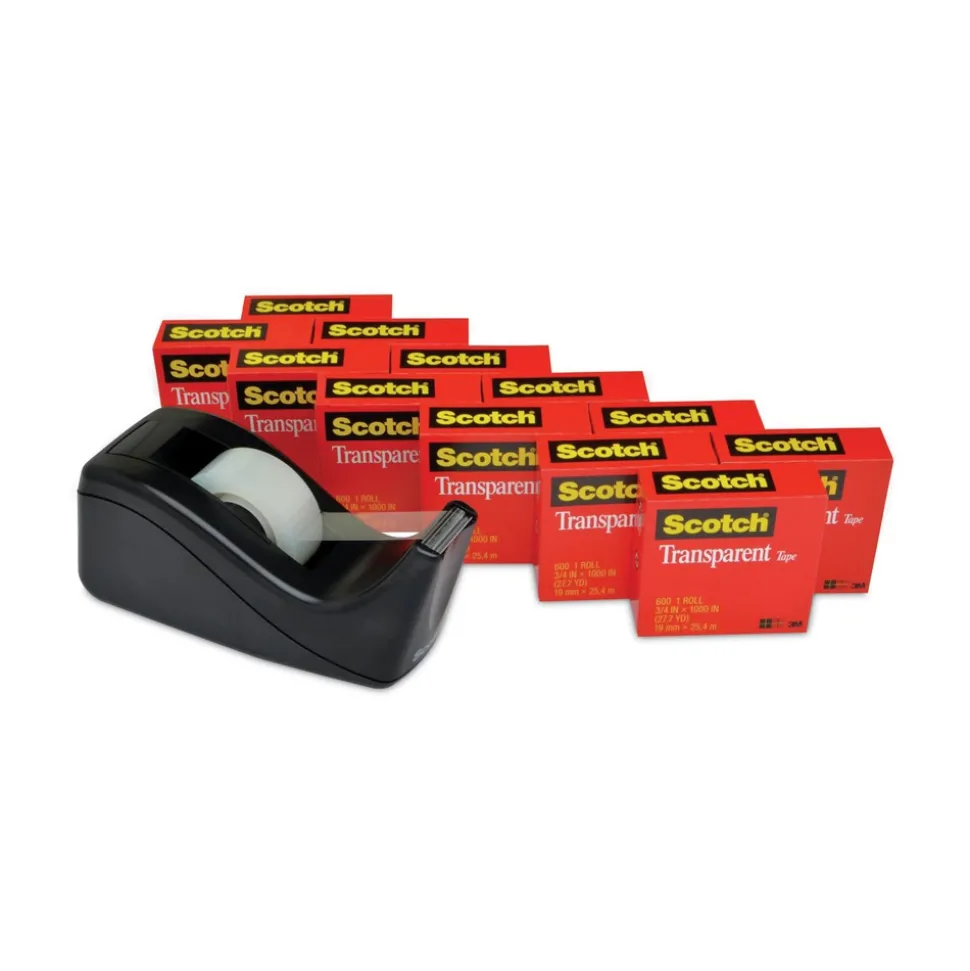 Scotch 0.75 in. x 83.33 ft. 1 in. Core Tape Value Pack with Black Dispenser - Transparent (12/Pack)
