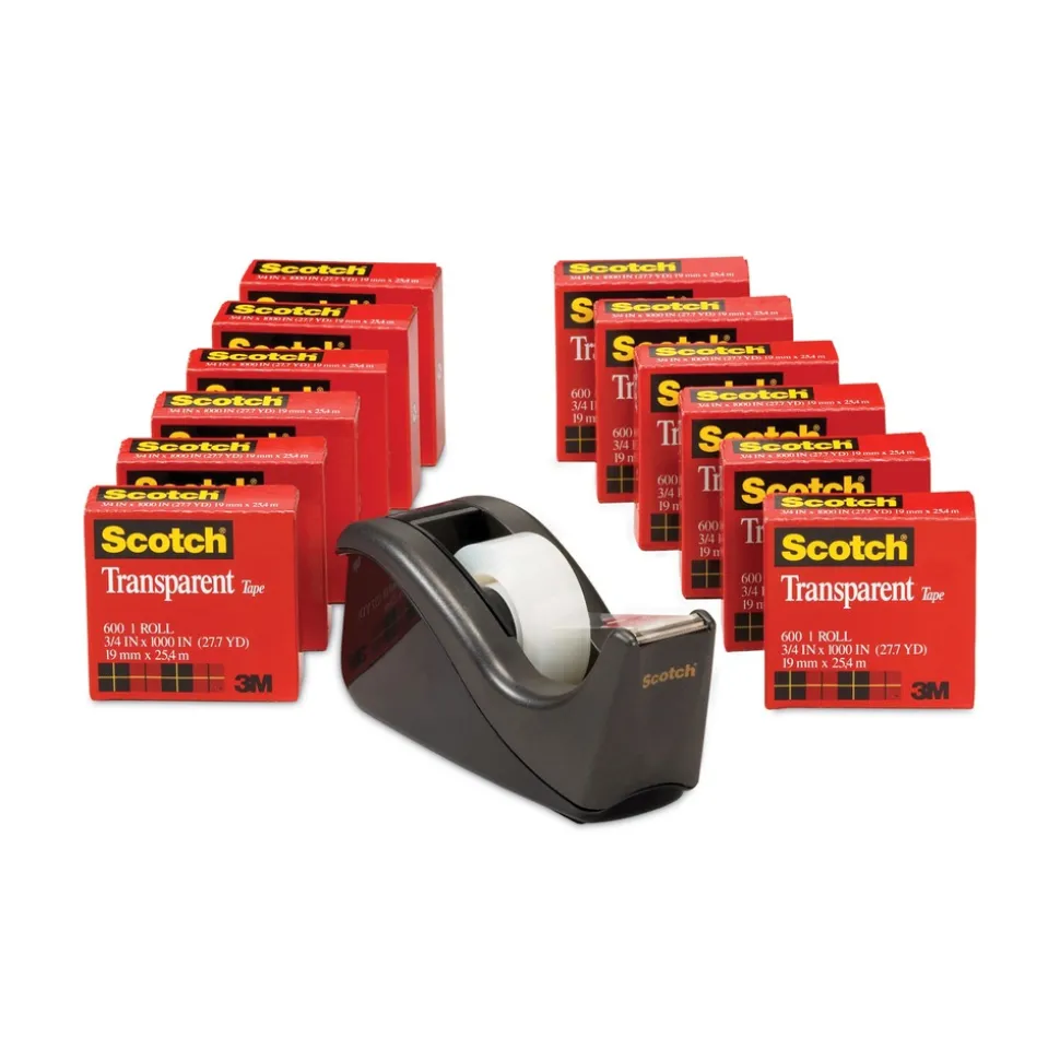 Scotch 0.75 in. x 83.33 ft. 1 in. Core Tape Value Pack with Black Dispenser - Transparent (12/Pack)