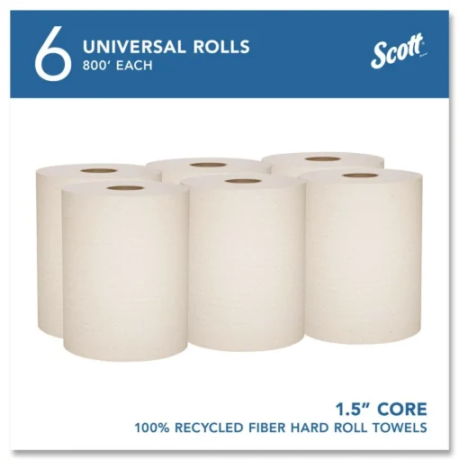 Scott Essential 100% Recycled Fiber Hard Roll Towel, 1-Ply, 8-in x 800-ft, 1.5-in Core, Brown, 6 Rolls/Carton