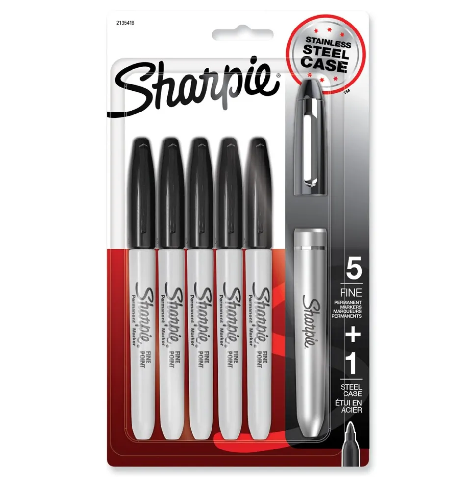 Sharpie Fine Bullet Tip Stainless Steel Single Marker Case Permanent Marker - Black (6/Pack)