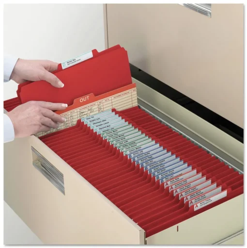Smead 1 Divider Four SafeSHIELD Fasteners Legal Size Four-Section Pressboard Top Tab Classification Folders - Bright Red (10/Box)